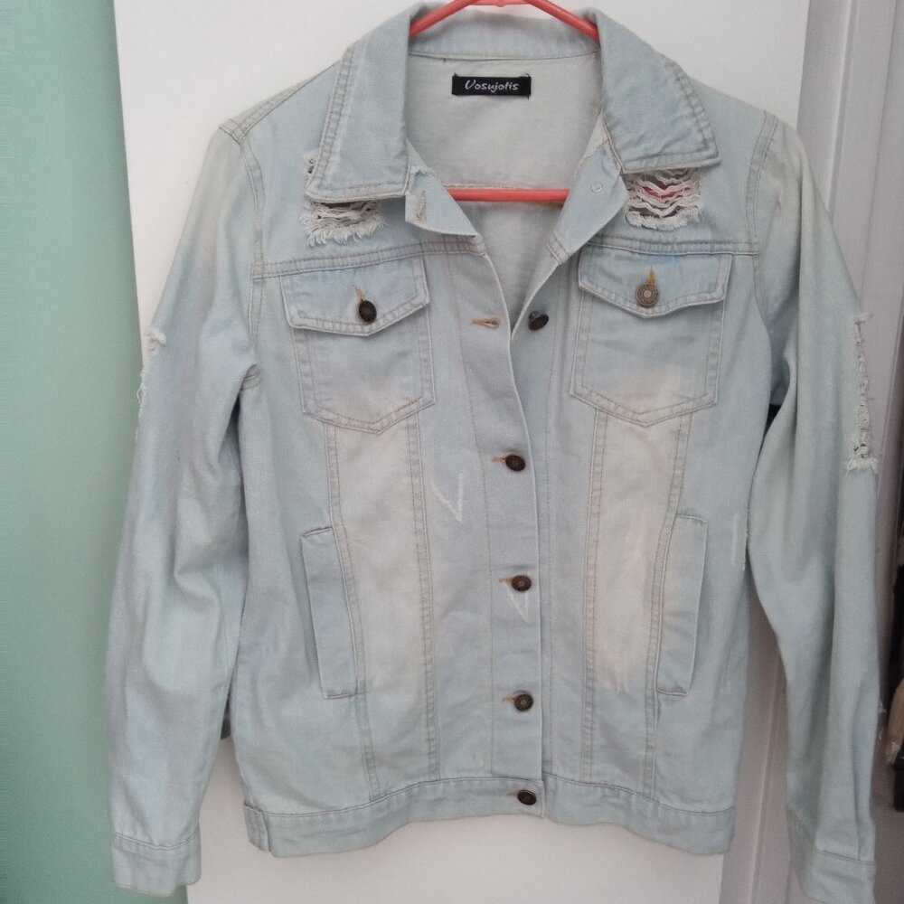 UNISEX DESTRUCTED COTTON BLEACH WASH JEAN TRUKER JACKET w POCKETS